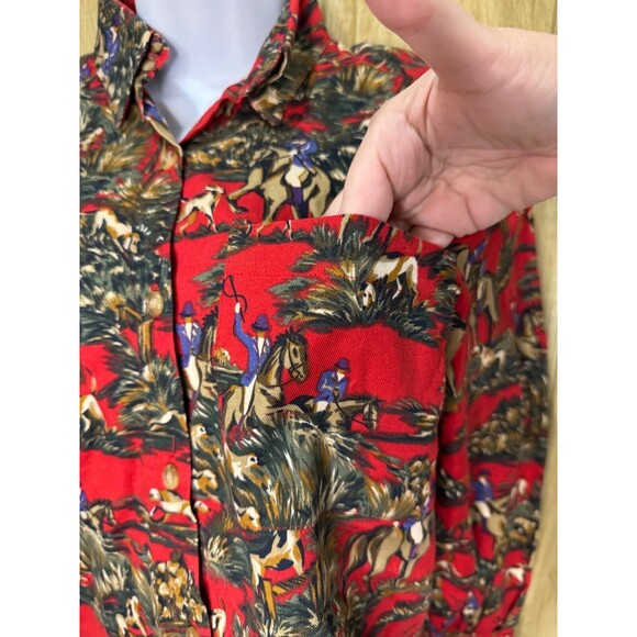Vintage Equestrian Horse Dog Hunting Scene Cotton Button Down Red Shirt Small - Picture 6 of 8